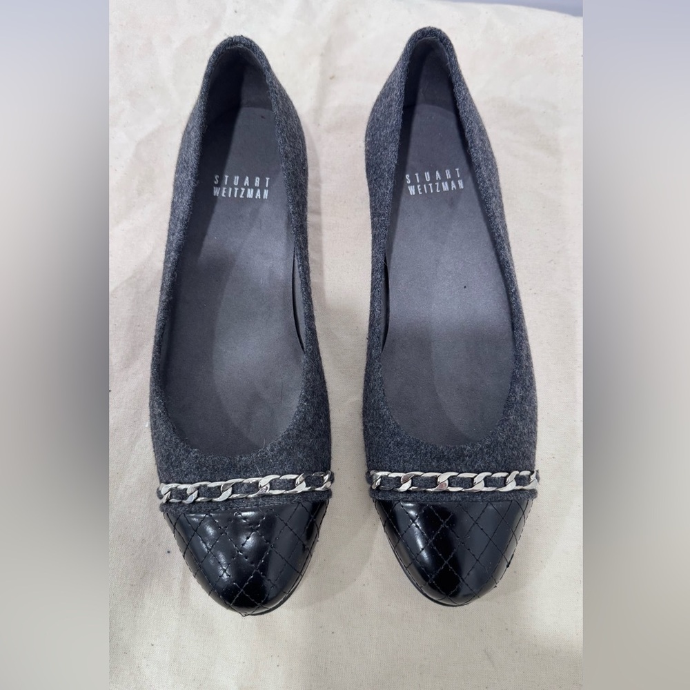 Stuart Weitzman Black and Gray Flats with Chain Accent